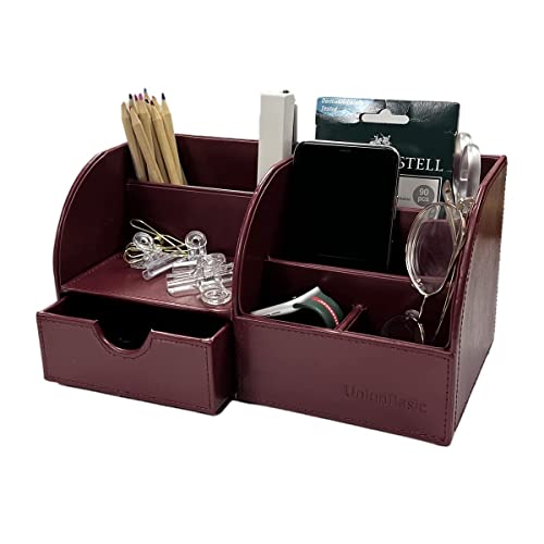 UnionBasic Desk Organizer, Multi-functional Leather Desktop Office Organizer, Pen Holder - Business Card/Pen/Pencil/Mobile Phone/Stationery Holder Storage Box, Burgundy