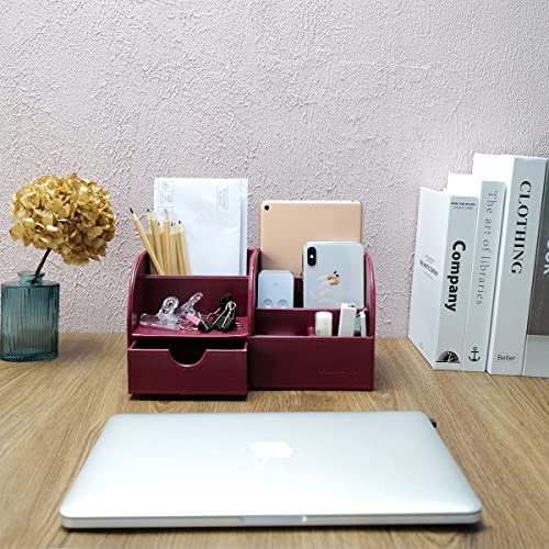 UnionBasic Desk Organizer, Multi-functional Leather Desktop Office Organizer, Pen Holder - Business Card/Pen/Pencil/Mobile Phone/Stationery Holder Storage Box, Burgundy