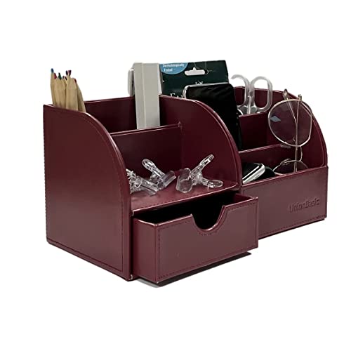 UnionBasic Desk Organizer, Multi-functional Leather Desktop Office Organizer, Pen Holder - Business Card/Pen/Pencil/Mobile Phone/Stationery Holder Storage Box, Burgundy