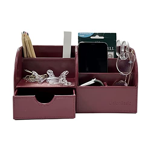 UnionBasic Desk Organizer, Multi-functional Leather Desktop Office Organizer, Pen Holder - Business Card/Pen/Pencil/Mobile Phone/Stationery Holder Storage Box, Burgundy