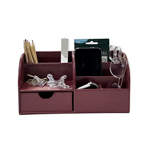 UnionBasic Desk Organizer, Multi-functional Leather Desktop Office Organizer, Pen Holder - Business Card/Pen/Pencil/Mobile Phone/Stationery Holder Storage Box, Burgundy