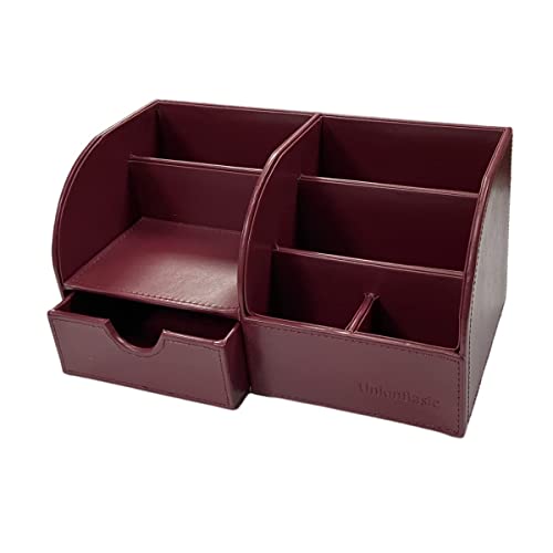 UnionBasic Desk Organizer, Multi-functional Leather Desktop Office Organizer, Pen Holder - Business Card/Pen/Pencil/Mobile Phone/Stationery Holder Storage Box, Burgundy