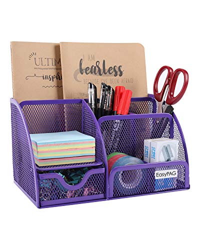 EasyPAG Desk Organizer Mesh Desktop Office Supplies Multi-functional Caddy Pen Holder Stationery with 6 Compartments and 1 Drawer for Office, Home, School, Classroom,Purple
