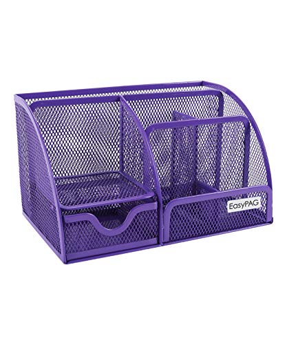 EasyPAG Desk Organizer Mesh Desktop Office Supplies Multi-functional Caddy Pen Holder Stationery with 6 Compartments and 1 Drawer for Office, Home, School, Classroom,Purple