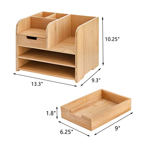 Frcctre Bamboo Desktop Organizer with Drawer, 3 Tier Wooden Desk File Document Organizer with Pen Holder, Tabletop Stationery Storage Organizer Storage Rack for Desk Accessories, Office Supplies