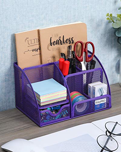 EasyPAG Desk Organizer Mesh Desktop Office Supplies Multi-functional Caddy Pen Holder Stationery with 6 Compartments and 1 Drawer for Office, Home, School, Classroom,Purple