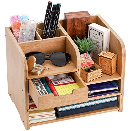 Frcctre Bamboo Desktop Organizer with Drawer, 3 Tier Wooden Desk File Document Organizer with Pen Holder, Tabletop Stationery Storage Organizer Storage Rack for Desk Accessories, Office Supplies