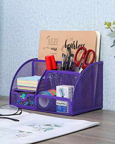 EasyPAG Desk Organizer Mesh Desktop Office Supplies Multi-functional Caddy Pen Holder Stationery with 6 Compartments and 1 Drawer for Office, Home, School, Classroom,Purple