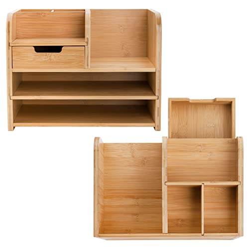 Frcctre Bamboo Desktop Organizer with Drawer, 3 Tier Wooden Desk File Document Organizer with Pen Holder, Tabletop Stationery Storage Organizer Storage Rack for Desk Accessories, Office Supplies