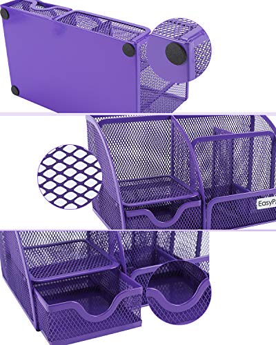 EasyPAG Desk Organizer Mesh Desktop Office Supplies Multi-functional Caddy Pen Holder Stationery with 6 Compartments and 1 Drawer for Office, Home, School, Classroom,Purple