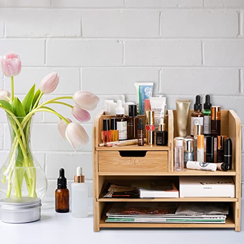 Frcctre Bamboo Desktop Organizer with Drawer, 3 Tier Wooden Desk File Document Organizer with Pen Holder, Tabletop Stationery Storage Organizer Storage Rack for Desk Accessories, Office Supplies