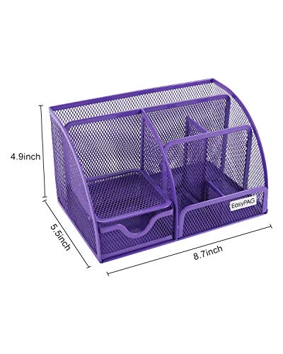 EasyPAG Desk Organizer Mesh Desktop Office Supplies Multi-functional Caddy Pen Holder Stationery with 6 Compartments and 1 Drawer for Office, Home, School, Classroom,Purple