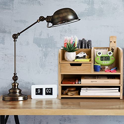 Frcctre Bamboo Desktop Organizer with Drawer, 3 Tier Wooden Desk File Document Organizer with Pen Holder, Tabletop Stationery Storage Organizer Storage Rack for Desk Accessories, Office Supplies