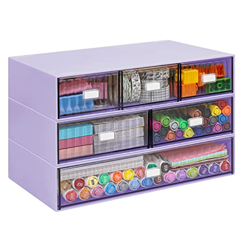 YOCOMEY Stackable Desk Organizer with 6 Drawers, 3 Tier Plastic Desk Storage Box Desktop Drawers, Detachable Makeup Storage Office Stationery Supplies Organizer for Desk Office School Home(Purple)