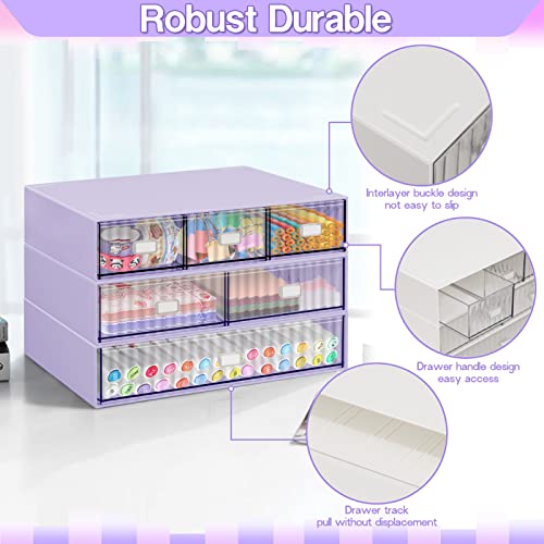 YOCOMEY Stackable Desk Organizer with 6 Drawers, 3 Tier Plastic Desk Storage Box Desktop Drawers, Detachable Makeup Storage Office Stationery Supplies Organizer for Desk Office School Home(Purple)