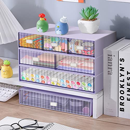 YOCOMEY Stackable Desk Organizer with 6 Drawers, 3 Tier Plastic Desk Storage Box Desktop Drawers, Detachable Makeup Storage Office Stationery Supplies Organizer for Desk Office School Home(Purple)