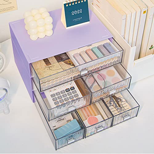 YOCOMEY Stackable Desk Organizer with 6 Drawers, 3 Tier Plastic Desk Storage Box Desktop Drawers, Detachable Makeup Storage Office Stationery Supplies Organizer for Desk Office School Home(Purple)