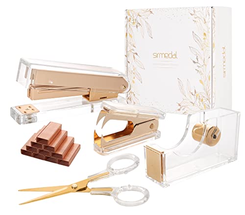 SIRMEDAL Modern Office Supplies Desk Decor Accessories Acrylic Gold Desk Stationery Bundle Kit - Set of 6.5 inch Scissor Tape Dispenser, Staple Remover, Stapler and 1000pcs Staples