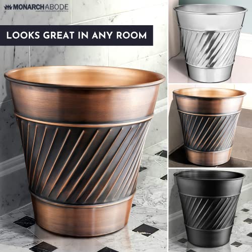 Monarch Abode Metal Wastebasket Trash Can, Handcrafted, Wave Embossed, Bathroom Decor, Antique Copper Finish