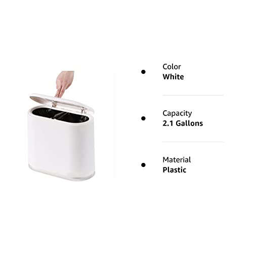 Cq acrylic 8L Slim Plastic Trash Can 2.1 Gallon Small Narrow Garbage Can with Press Top Lid,Dog Proof Wastebasket Trash Can for Bathroom,Living Room,Bedroom,Kitchen,Office,White