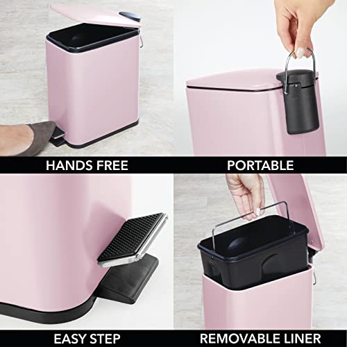mDesign Slim Metal Rectangle 1.3 Gallon Trash Can with Step Pedal, Easy-Close Lid, Removable Liner - Narrow Wastebasket Garbage Container Bin for Bathroom, Bedroom, Kitchen, Office - Matte Blush Pink