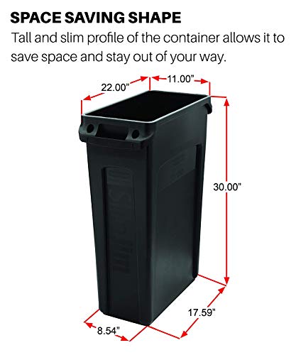 Rubbermaid Commercial Products Slim Jim Plastic Rectangular Trash/Garbage Can With Venting Channels, for Kitchen, Office, Workspace, 23 Gallon, Black - FG354060BLA