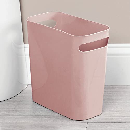 mDesign Plastic Small Trash Can, 1.5 Gallon/5.7-Liter Wastebasket, Narrow Garbage Bin with Handles for Bathroom, Laundry, Home Office - Holds Waste, Recycling, 10" High - Aura Collection, Rosette Pink