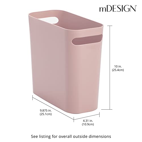 mDesign Plastic Small Trash Can, 1.5 Gallon/5.7-Liter Wastebasket, Narrow Garbage Bin with Handles for Bathroom, Laundry, Home Office - Holds Waste, Recycling, 10" High - Aura Collection, Rosette Pink