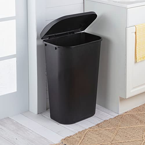 Sterilite 11.3 Gallon D Shape Flat Side Lift Top Lid Wastebasket Trash Cans for Kitchen, Home Office, Garage, or Workspace, Black (24 Pack)