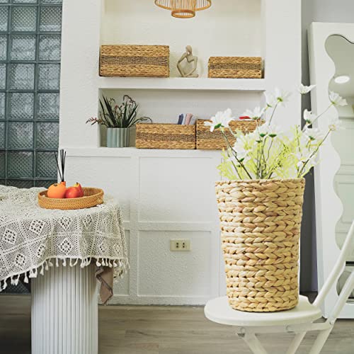 MANTEIV Waste Basket Woven - Water Hyacinth Storage Rustic Boho Decor Basket - Home Office Paper Wastebasket Garbage Container Bin for Living Room Bedroom Bathroom Kitchen Set
