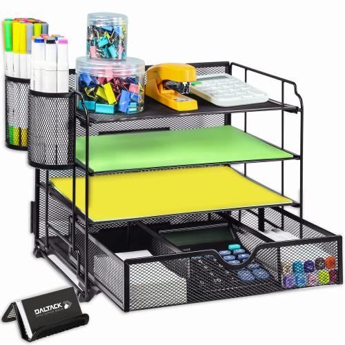 DALTACK 4-Trays Desktop File Organizer with Pen Holder?Letter Tray Paper Organizer with Drawer and Pen Holders, Black Mesh Office Supplies File Holder?Desk Organizer for Office School Home