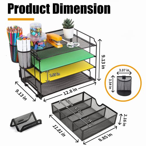 DALTACK 4-Trays Desktop File Organizer with Pen Holder?Letter Tray Paper Organizer with Drawer and Pen Holders, Black Mesh Office Supplies File Holder?Desk Organizer for Office School Home
