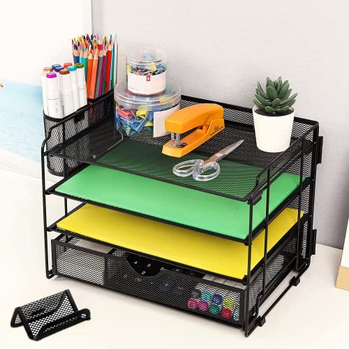 DALTACK 4-Trays Desktop File Organizer with Pen Holder?Letter Tray Paper Organizer with Drawer and Pen Holders, Black Mesh Office Supplies File Holder?Desk Organizer for Office School Home