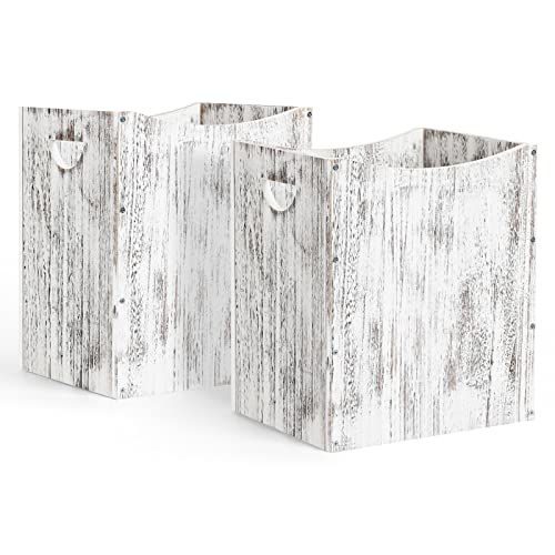 Office Trash Can, Rustic Waste Basket Set 2 Pack Wood Trash Can Farmhouse Style Wastebasket, 5.28 Gallon Garbage Bin with Handle for Kitchen Living Room Bedroom Bathroom Trash Can (2, Rustic White)