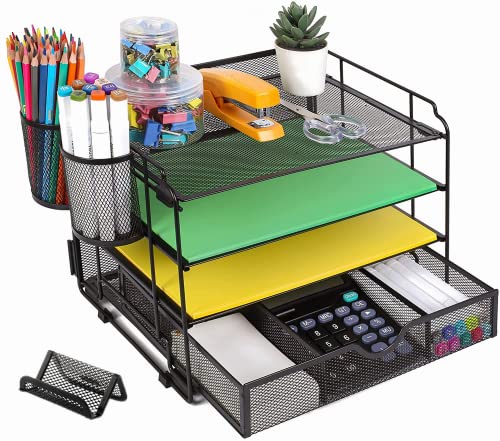 DALTACK 4-Trays Desktop File Organizer with Pen Holder?Letter Tray Paper Organizer with Drawer and Pen Holders, Black Mesh Office Supplies File Holder?Desk Organizer for Office School Home