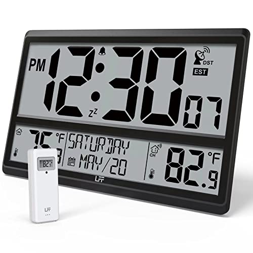 LFF Atomic Clock 4.5" Numbers, Digital Atomic Wall Clock Never Needs Setting, Indoor Outdoor Temperature with Wireless Outdoor Sensor, Battery Powered, Clock for Office, Kitchen, Living Room, Bedroom