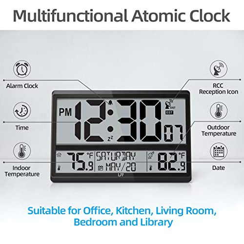LFF Atomic Clock 4.5" Numbers, Digital Atomic Wall Clock Never Needs Setting, Indoor Outdoor Temperature with Wireless Outdoor Sensor, Battery Powered, Clock for Office, Kitchen, Living Room, Bedroom