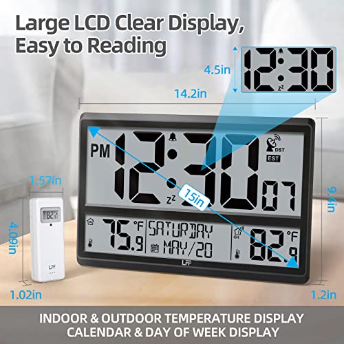 LFF Atomic Clock 4.5" Numbers, Digital Atomic Wall Clock Never Needs Setting, Indoor Outdoor Temperature with Wireless Outdoor Sensor, Battery Powered, Clock for Office, Kitchen, Living Room, Bedroom