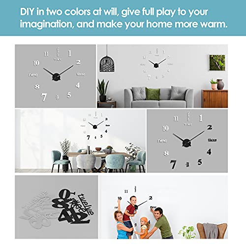 FERRISA Frameless DIY Wall Clock, 3 in 1 Large 3D Frameless Wall Clock 47 Inch, 3D DIY Wall Clock for Living Room Bedroom Office Decor Wall Decor(Black Silver)