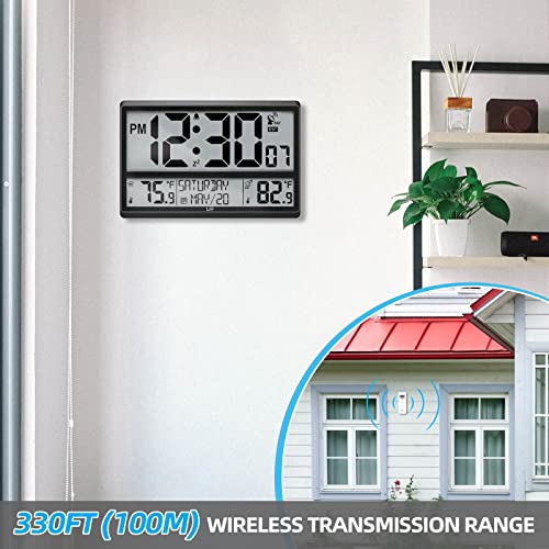 LFF Atomic Clock 4.5" Numbers, Digital Atomic Wall Clock Never Needs Setting, Indoor Outdoor Temperature with Wireless Outdoor Sensor, Battery Powered, Clock for Office, Kitchen, Living Room, Bedroom