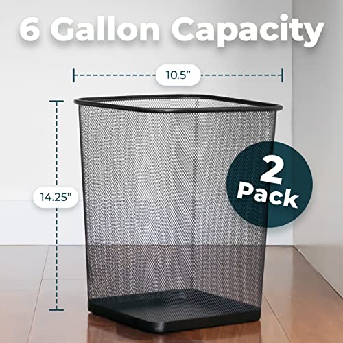 Greenco Small Trash Cans for Home or Office, 2pk, 6 Gallon Black Mesh Square Home/Office Trash Can, Lightweight, Sturdy for Under Desk, Kitchen, Bedroom, Den, or Recycling Can, 6 Gallon Square Trash