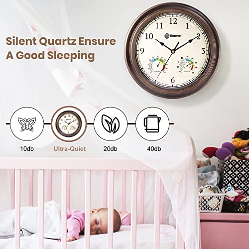 Geevon 12" Wall Clock Non Ticking with Hygrometer and Thermometer Combo,Battery Operated Quartz Decorative Large Digital Wall Clocks for Home,Living Room,Office,Classroom,Kitchen,Bedroom Decor