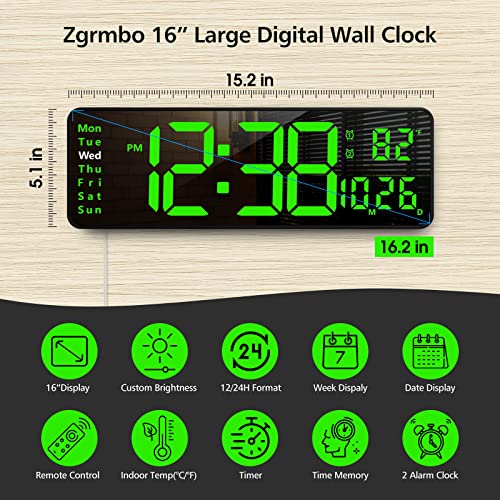 Zgrmbo 16" Large Digital Wall Clock with Remote, Large Display Digital Clock with Time Date Temp Week, 12/24H, Auto/Custom Brightness, Timer, Wall Mount for Living Room/Gym/Shop/Warehouse/Office Decor
