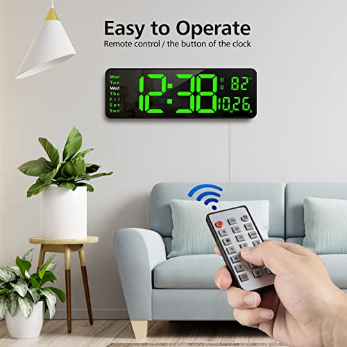 Zgrmbo 16" Large Digital Wall Clock with Remote, Large Display Digital Clock with Time Date Temp Week, 12/24H, Auto/Custom Brightness, Timer, Wall Mount for Living Room/Gym/Shop/Warehouse/Office Decor
