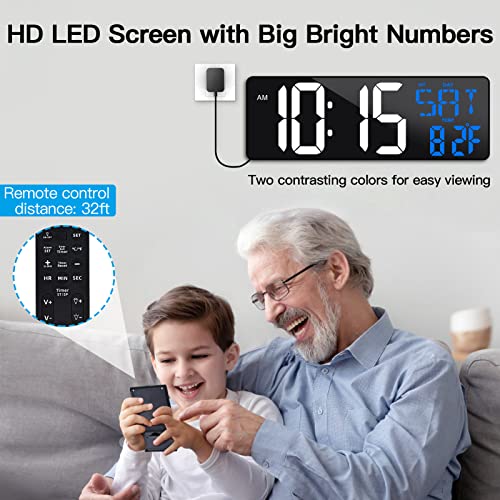 17 Inch Large Digital Wall Clock with Remote Control, Automatic Brightness Dimmer Digital Wall Clock Large Display with Day/Date/Temperature, Snooze, Count Up & Down Timer for Living Room, Office, Gym