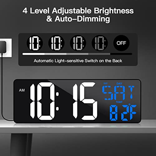 17 Inch Large Digital Wall Clock with Remote Control, Automatic Brightness Dimmer Digital Wall Clock Large Display with Day/Date/Temperature, Snooze, Count Up & Down Timer for Living Room, Office, Gym
