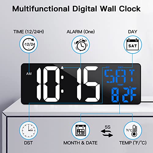 17 Inch Large Digital Wall Clock with Remote Control, Automatic Brightness Dimmer Digital Wall Clock Large Display with Day/Date/Temperature, Snooze, Count Up & Down Timer for Living Room, Office, Gym