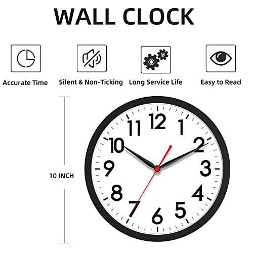 AKCISOT Wall Clock 10 Inch Silent Non-Ticking Modern Wall Clocks Battery Operated - Analog Small Classic Clock for Office, Home, Bathroom, Kitchen, Bedroom, School, Living Room(Black)