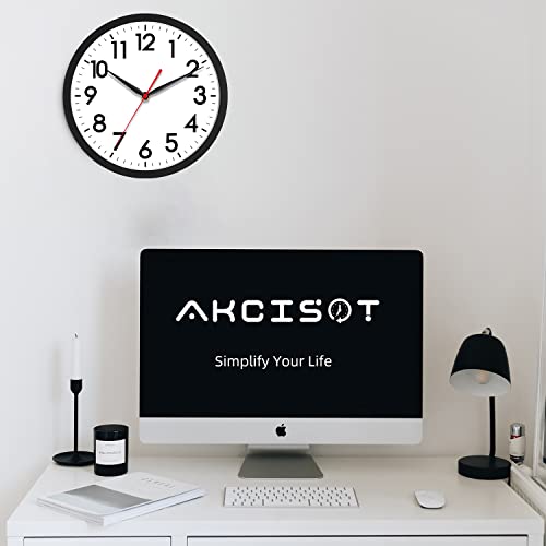 AKCISOT Wall Clock 10 Inch Silent Non-Ticking Modern Wall Clocks Battery Operated - Analog Small Classic Clock for Office, Home, Bathroom, Kitchen, Bedroom, School, Living Room(Black)