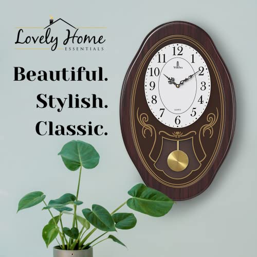Musical Wall Clock with Pendulum - Oval Pendulum Wall Clock with Melodies & Westminster Chimes - Chiming Clock Battery Operated, Wood Pendulum Clock for Living Room, Office, Home Decor & Gift